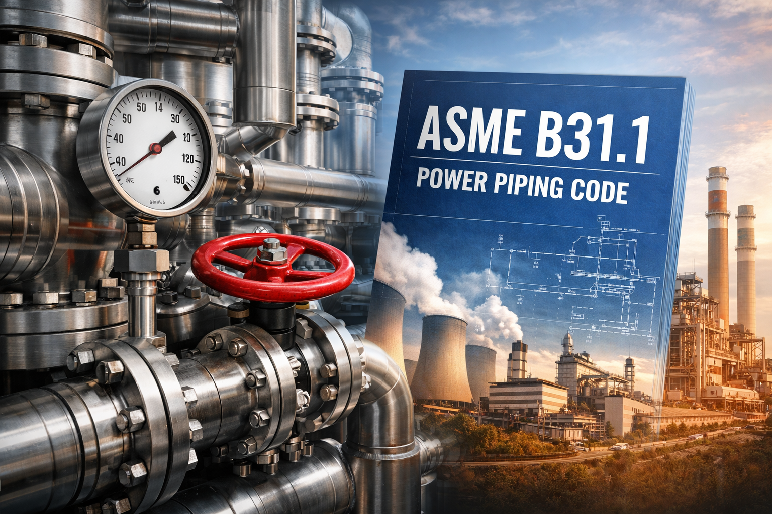 ASME B31.1 power piping system showing high-pressure steam piping, valve, pressure gauge, and power plant background illustrating piping design and engineering standards
