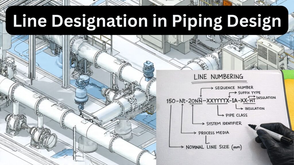 Hand-drawn piping line designation diagram showing line numbering system with pipe size, process media, system identifier, piping class, sequence number, and insulation details.
