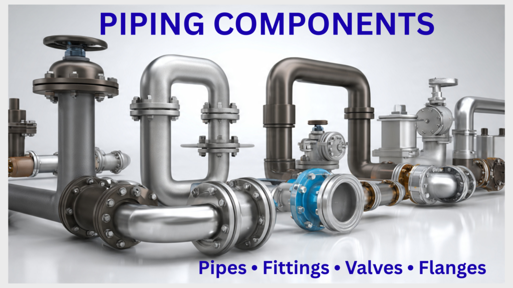 Industrial piping components including pipes, fittings, flanges, elbows, and valves used in process plant piping systems
