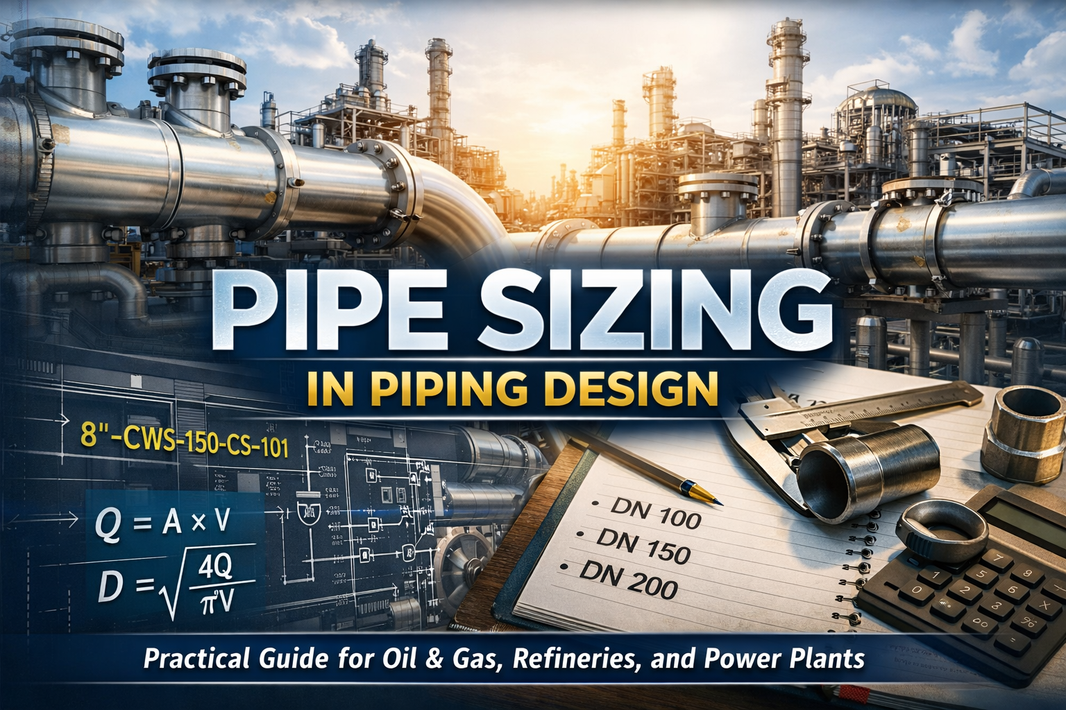 Pipe sizing in piping design showing refinery piping, P&ID drawings, and line sizing calculations for oil and gas plants