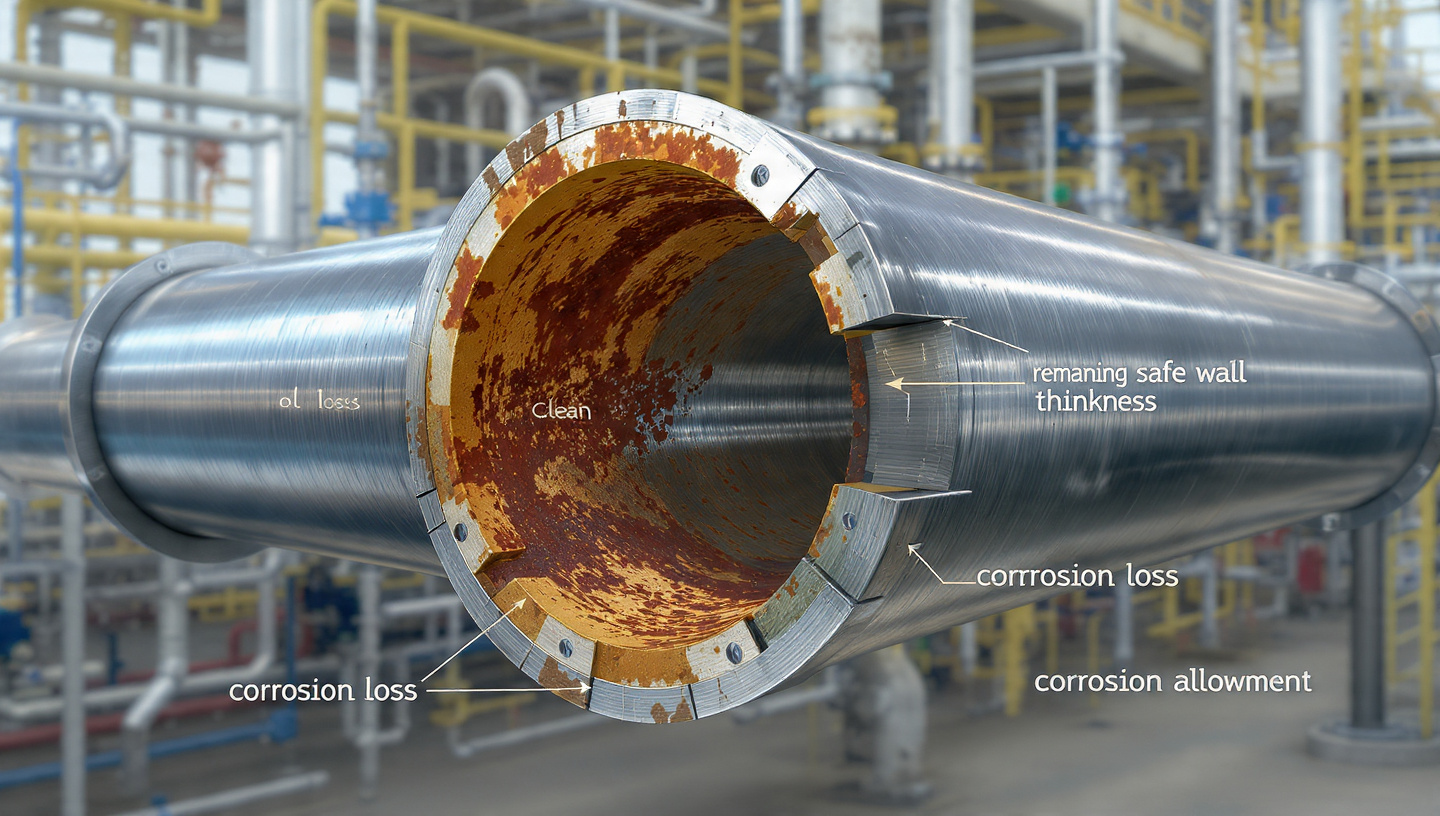 Cross-section of a steel pipe showing corrosion loss and corrosion allowance used in piping engineering for process plants.