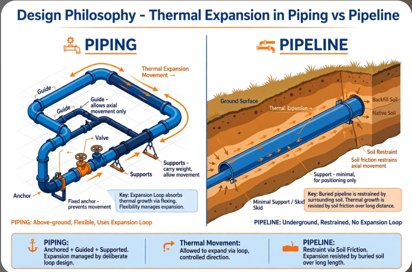 Thermal expansion differences between piping and pipeline