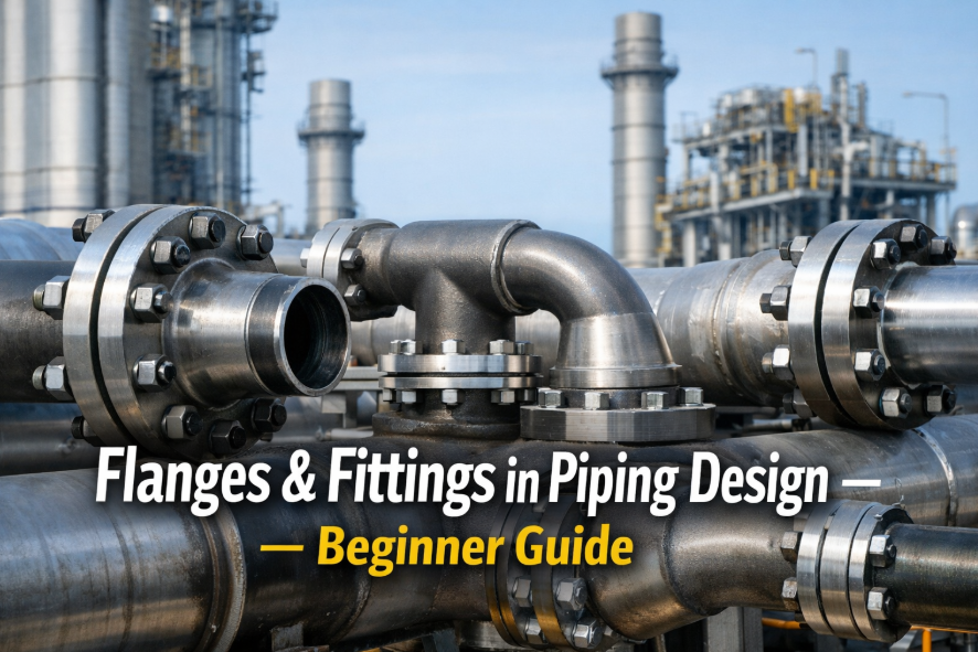 Industrial piping system showing flanges and fittings including weld neck flanges, elbows, and reducers used in piping design for power plants and refineries