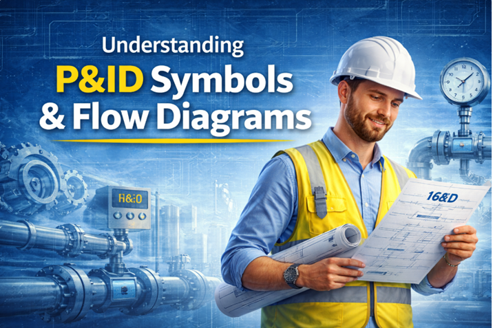 P&ID symbols and flow diagram illustration showing piping valves, instruments, line numbering system, and piping engineering elements