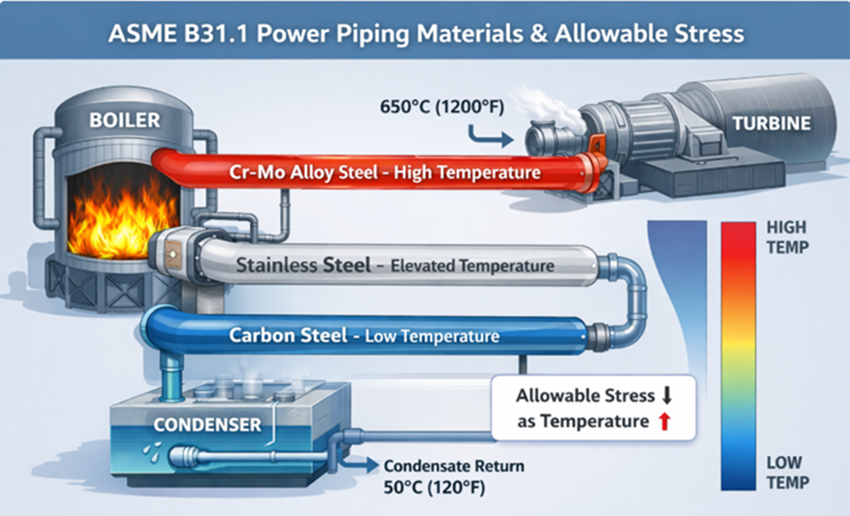 ASME B31.1 power piping materials showing carbon steel, stainless steel, and Cr-Mo alloy steel with temperature effect on allowable stress in a power plant steam system